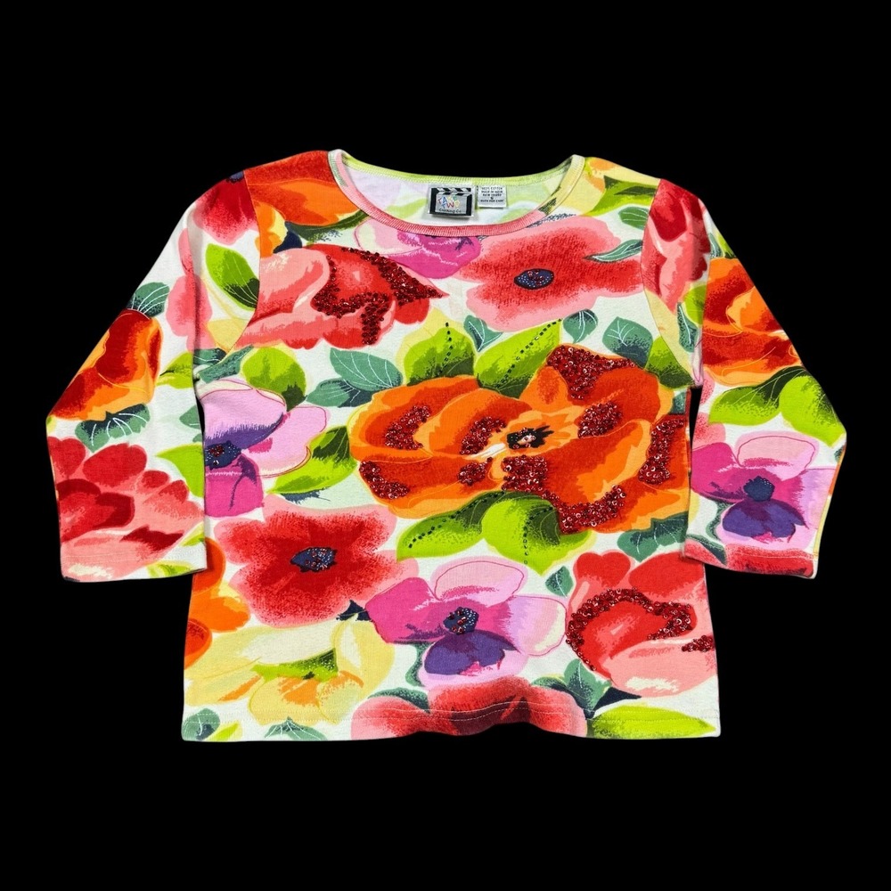Vintage‎ Take Two Floral 100% Cotton Beads 1/2 Sleeve Shirt Women's Small